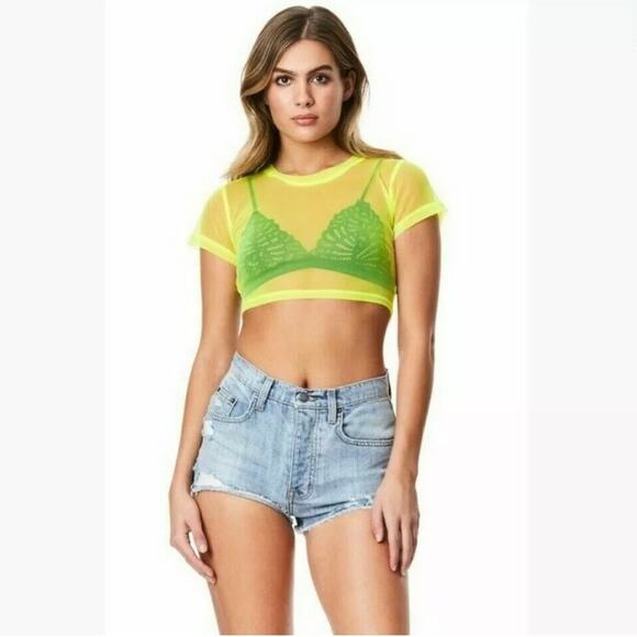 Emma & Sam Neon Yellow Short Sleeve Sheer Mesh Crop Top Women's Small MSRP $88 - Picture 3 of 8